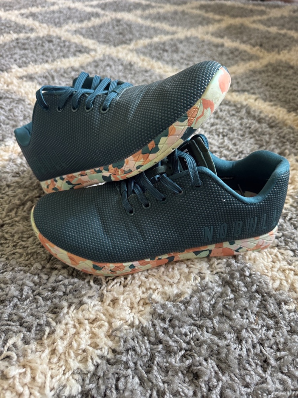 NOBULL Teal Knit Training Shoes with Multicolor Camouflage Sole size 10 mens.